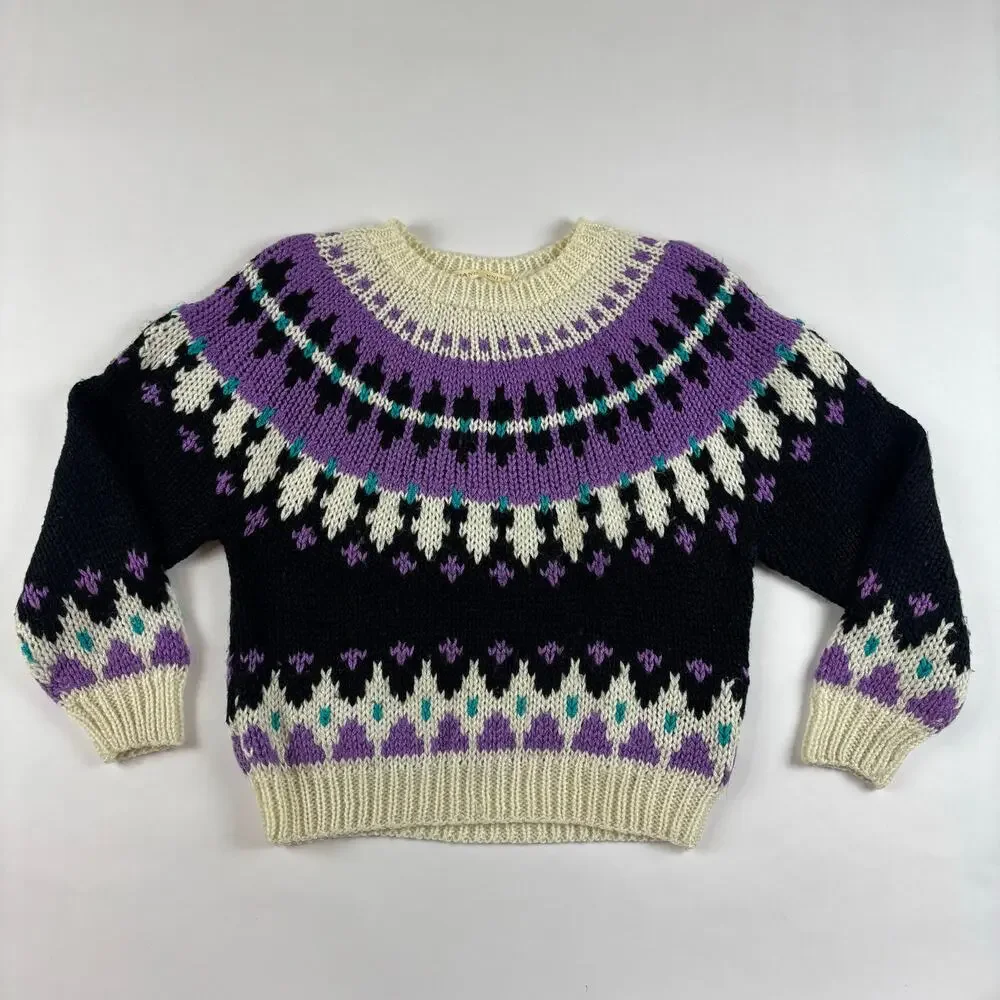 Hand Knit Vintage Fair Isle Nordic Sweater IVY L Chunky Knit Cozycore Soft 90s